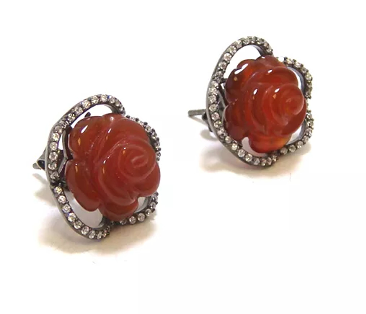 Red Agate Hand Carved Flower Stud Earrings, 925 Sterling Silver, Black Gold Red Agate Hand Carved Flower Stud Earrings, 925 Sterling Silver, Black Gold