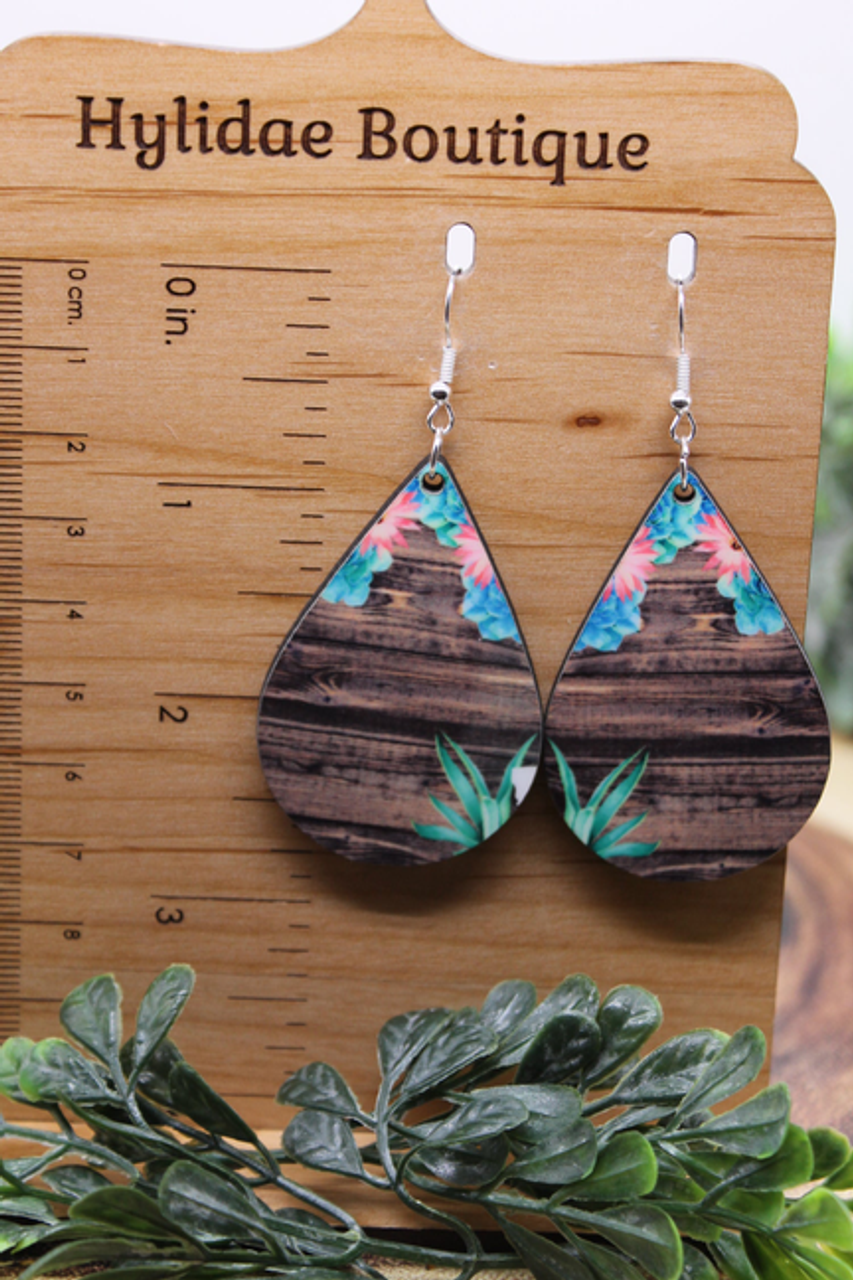 Barnwood & Florals || Teardrop Dangle Earrings || Hypoallergenic