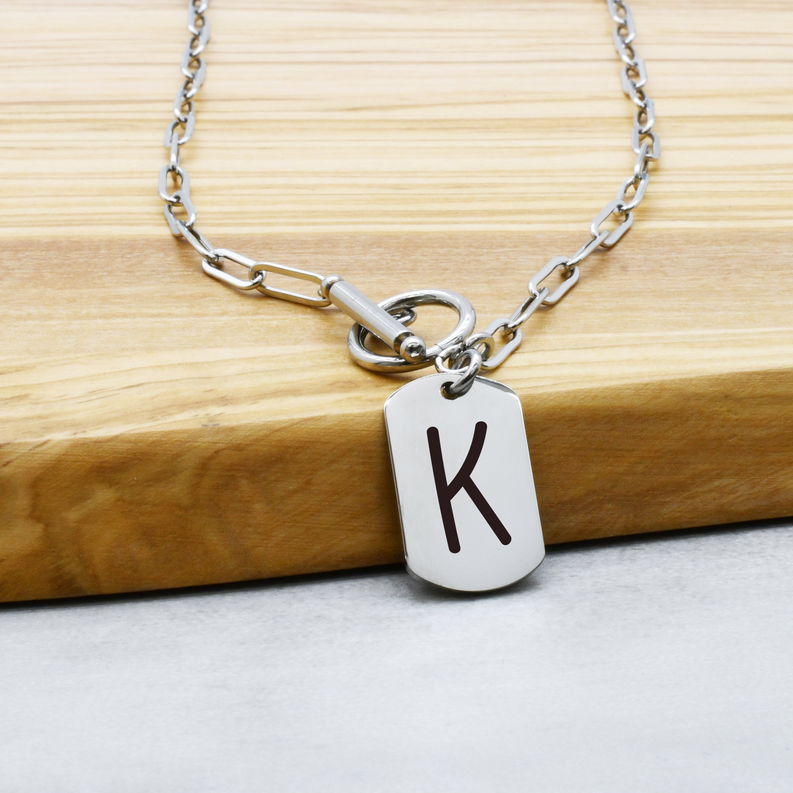 Pink Box Tag Initial Paperclip Toggle Necklace - Multiple Chain Lengths - PinkBox3-2256