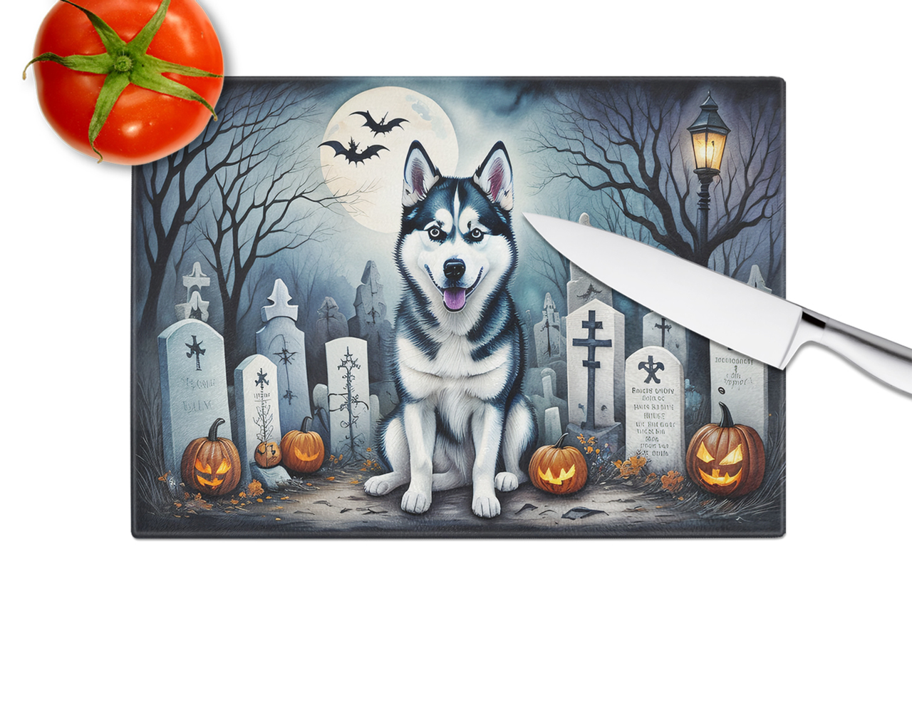 Siberian Husky Spooky Halloween Glass Cutting Board