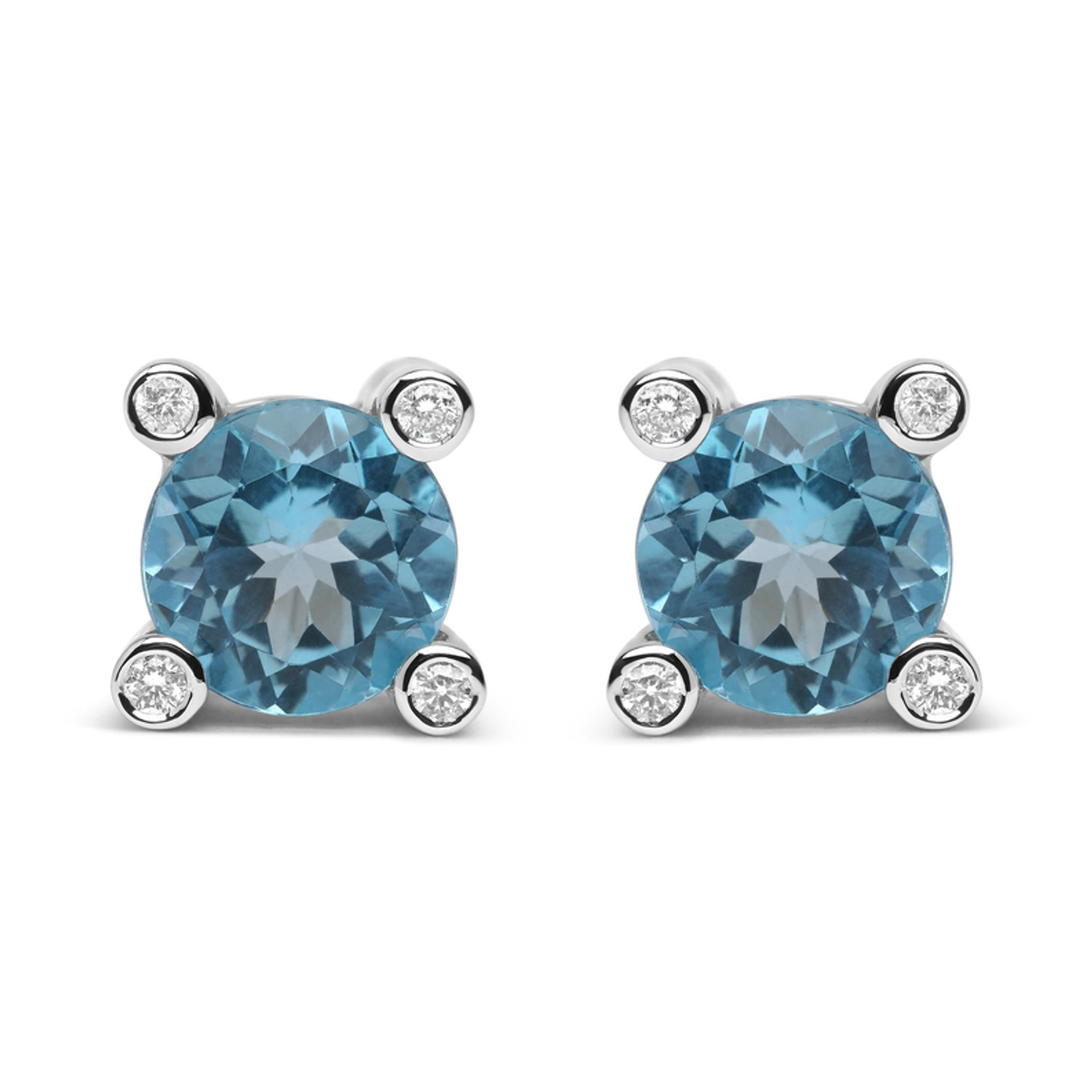 18K White Gold 1/10 Cttw Round Bezel Diamond and 10x10mm Round Sky Blue Topaz Gemstone Stud Earrings (G-H Color, I1-I2 Clarity)