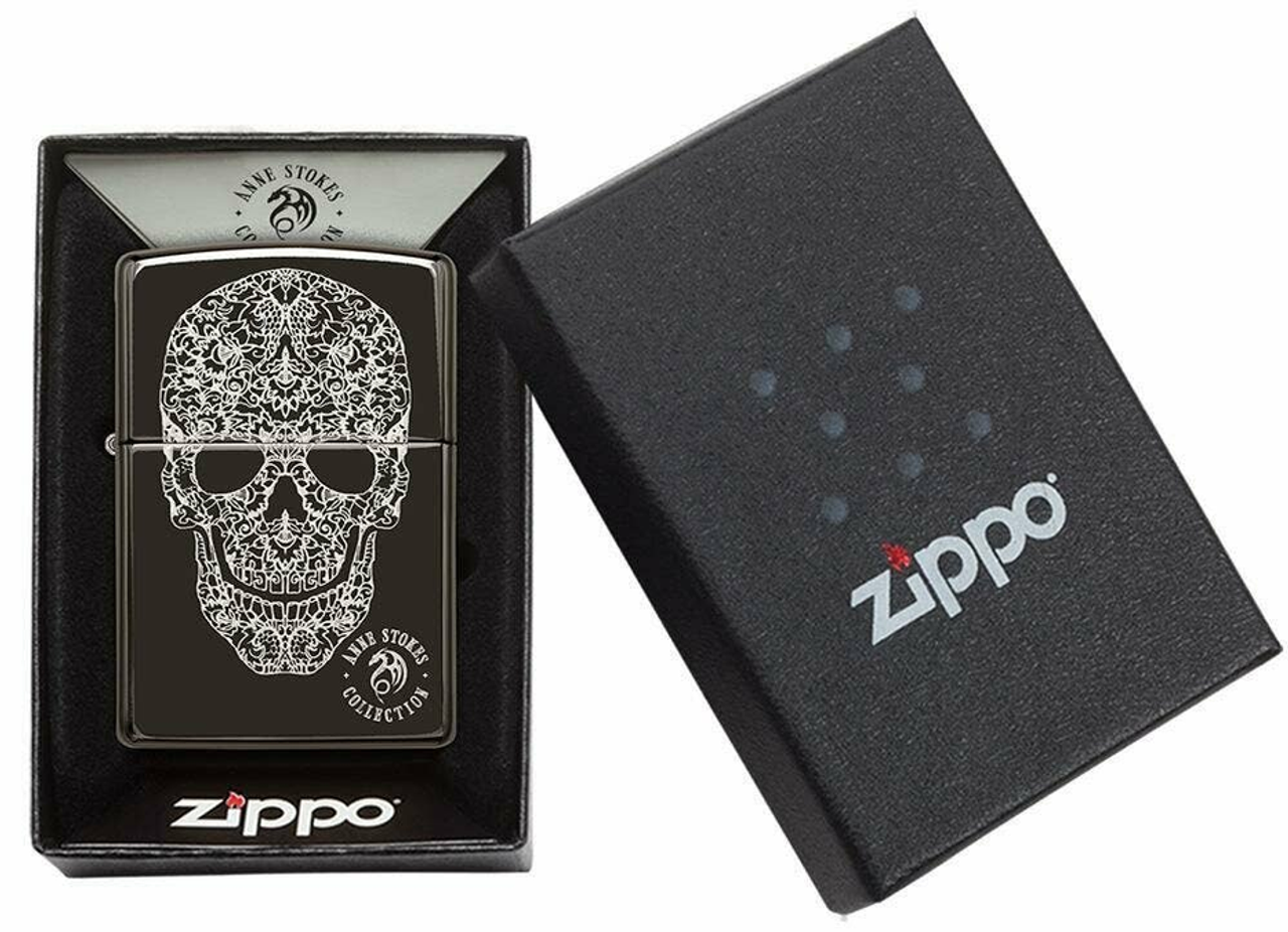 Zippo Anne Stokes 3D Skull Genuine High Polish Black Pocket Lighter USA