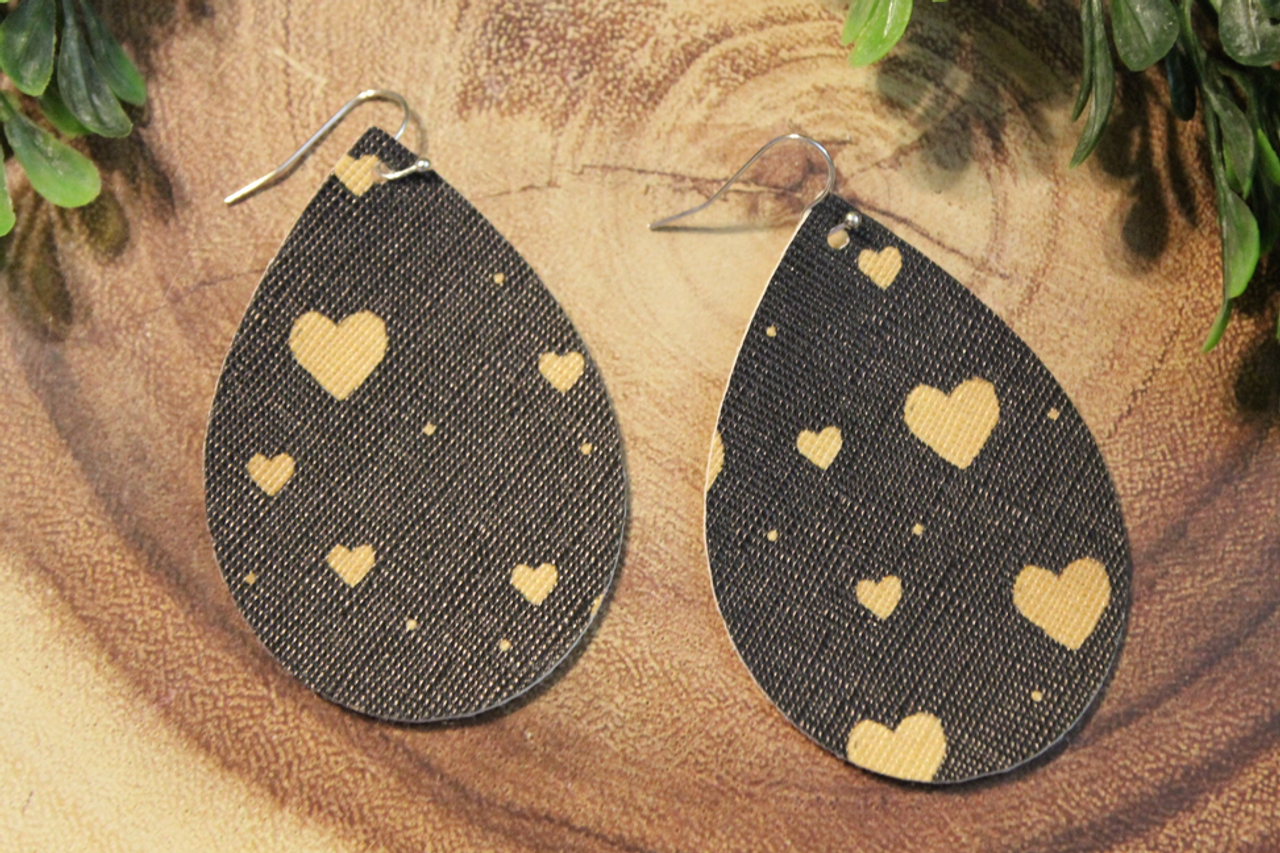 Gold Hearts on Black || Faux Leather Teardrop Dangle Earrings || Single-Sided