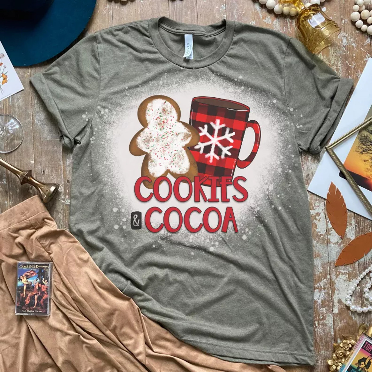 Cookies And Cocoa Bleached Shirt - Olive Christmas