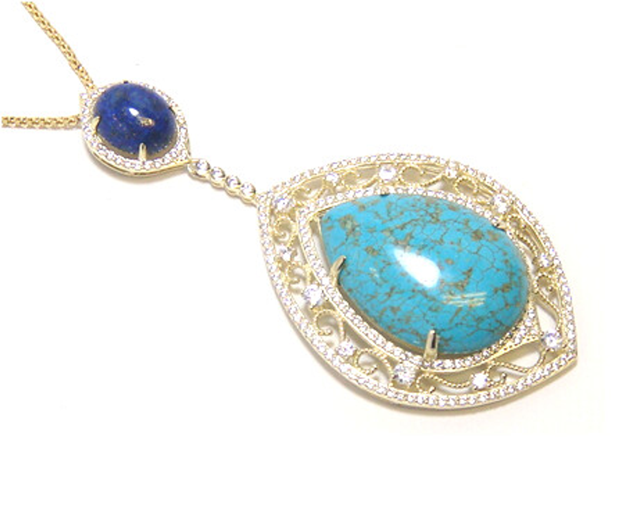 Natural Reconstructed Turquoise & Lapis Lazulie Drop Pendant, 925 Sterling Silver