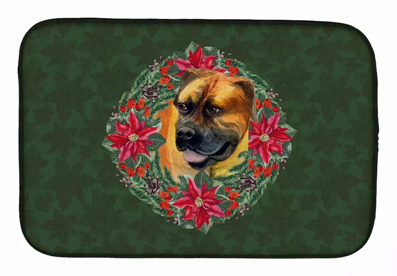 Poinsettia Wreath Dog on Dish Drying Mat - S000213B001695P115614V009