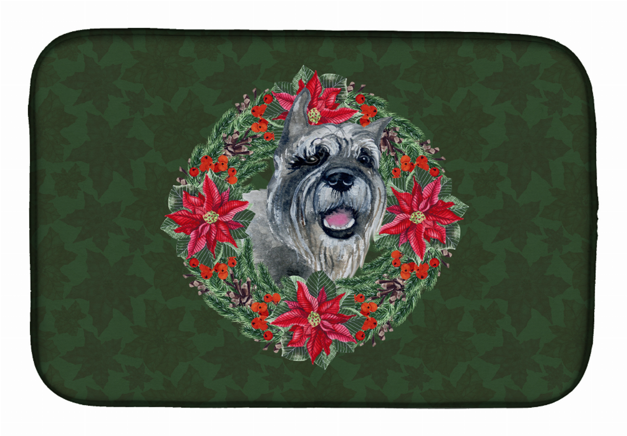 Poinsettia Wreath Dog on Dish Drying Mat - S000213B001695P115614V024