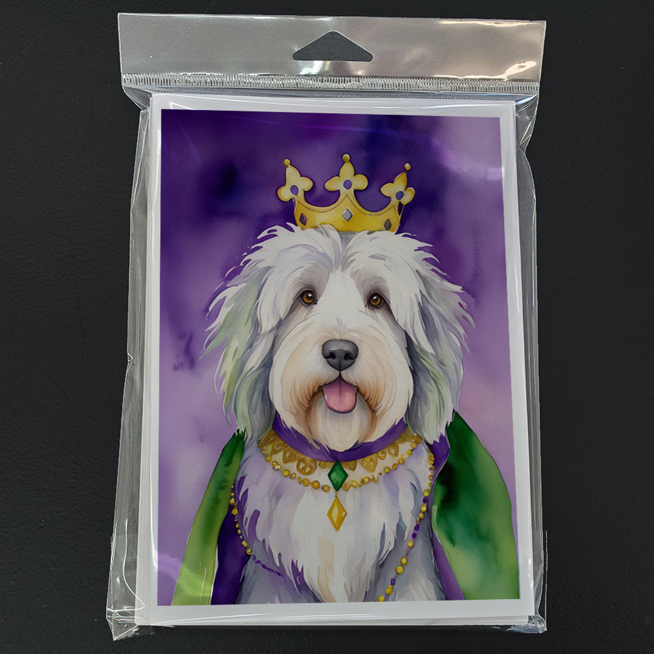 Old English Sheepdog King of Mardi Gras Greeting Cards Pack of 8