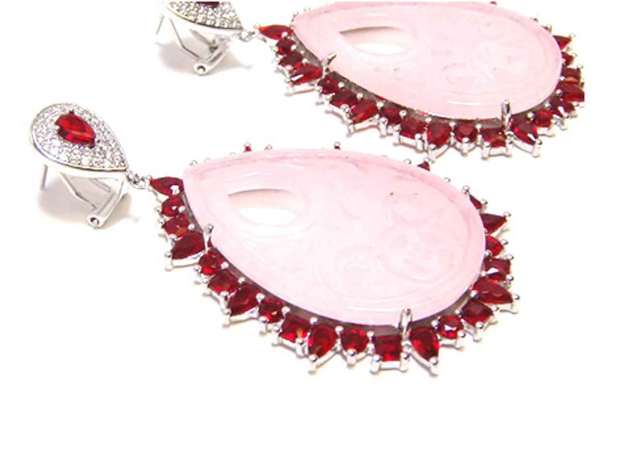 Pink Carved Rose Quartz Earrings, 925 Sterling Silver, Platinum Embraced