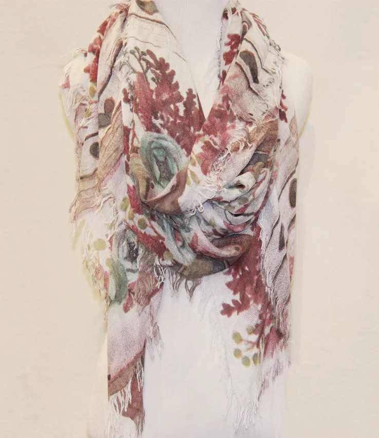 Burgundy Floral Rose & Lavender Fringe-Accent Scarf