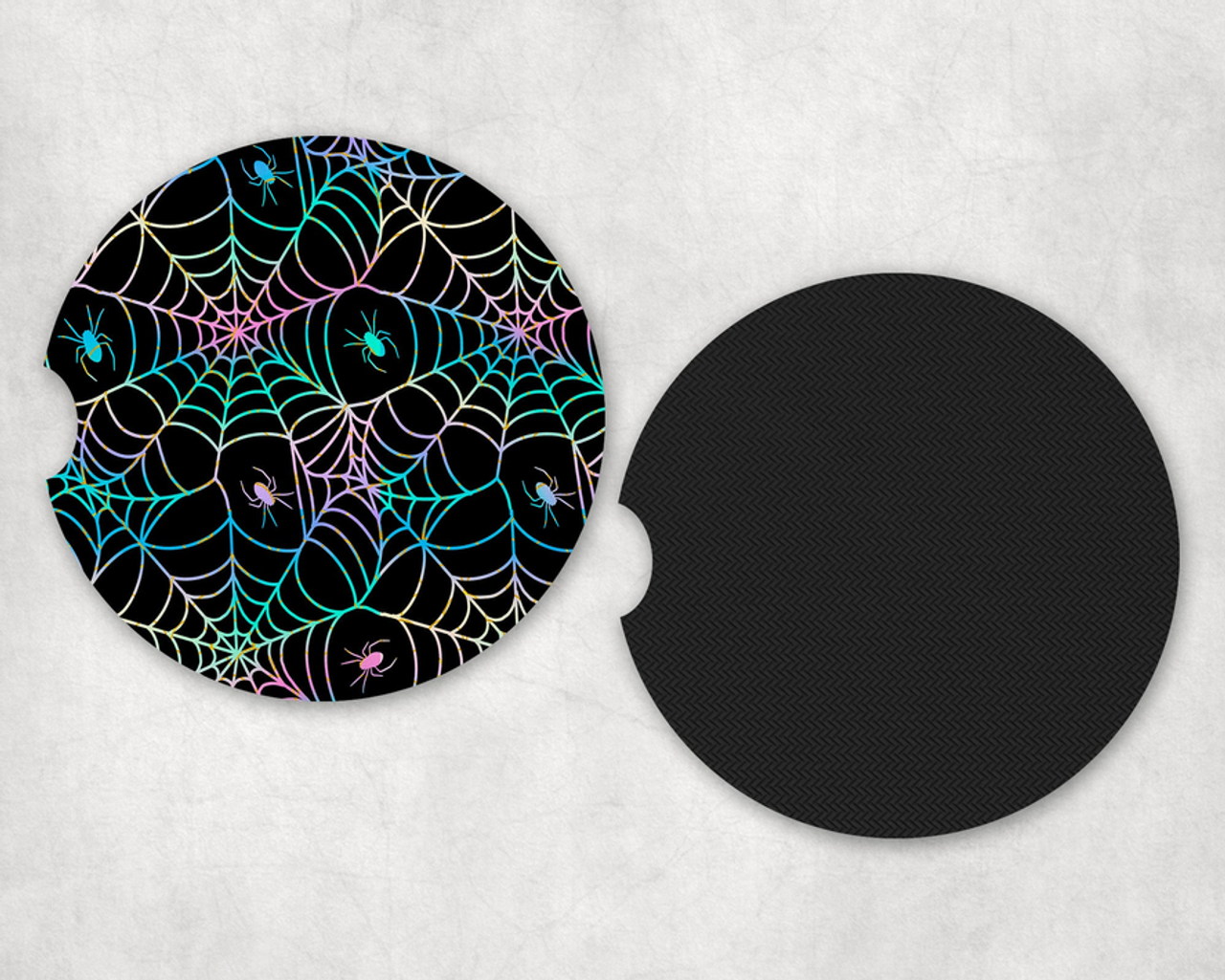 Neon Spider Webs Neoprene Car Coaster Set