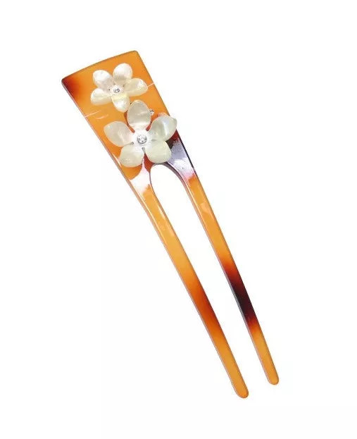 Tortoise Shell Hair Pin with Flowers & Rhinestones - 2178-08