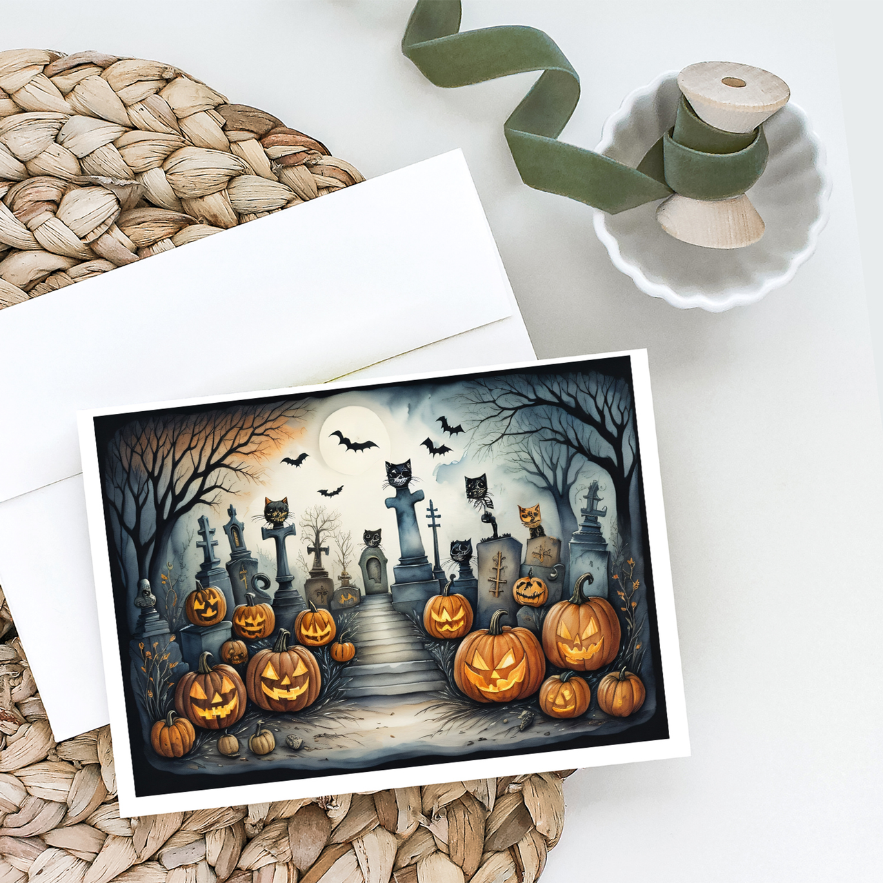 Cat Cemetery Spooky Halloween Greeting Cards Pack of 8