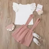 Girls Hollow Out Design Tops And Suspender Shorts Set - CLS-GRL-KDS-FLR-SZ-1T