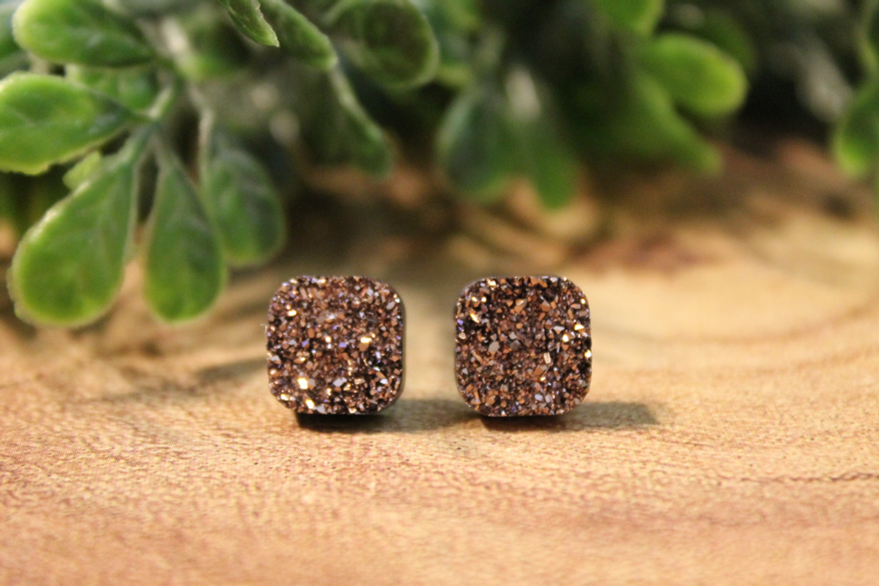Rose Gold Druzy Square Stud Earrings