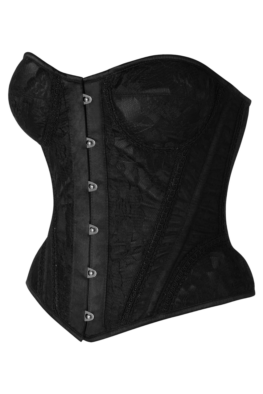 Top Drawer Black w/Black Lace Steel Boned Underwire Bustier Corset