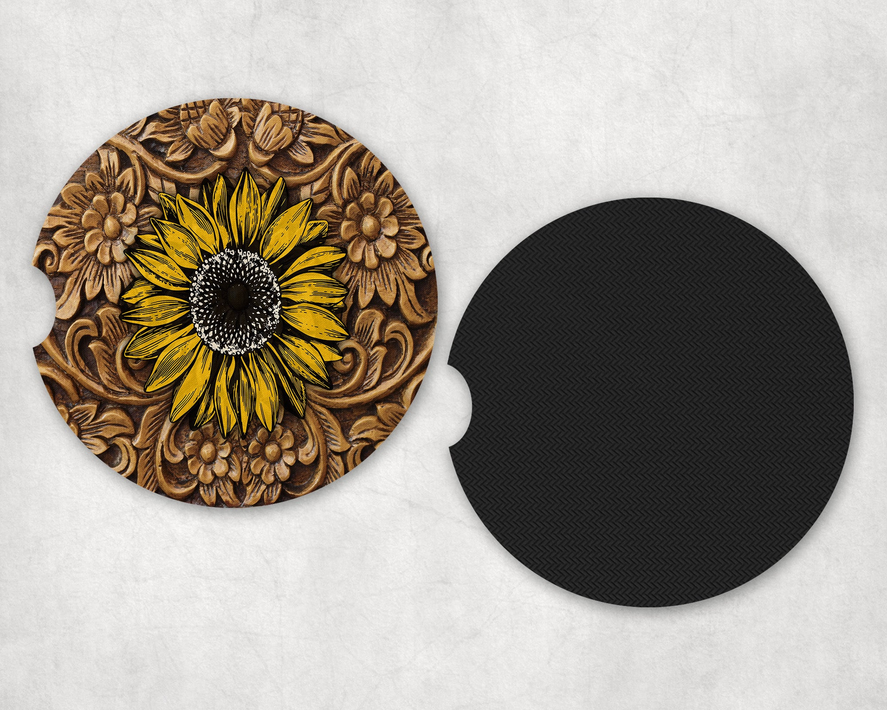 Tooled faux leather Sunflower Neoprene Car Coaster Set