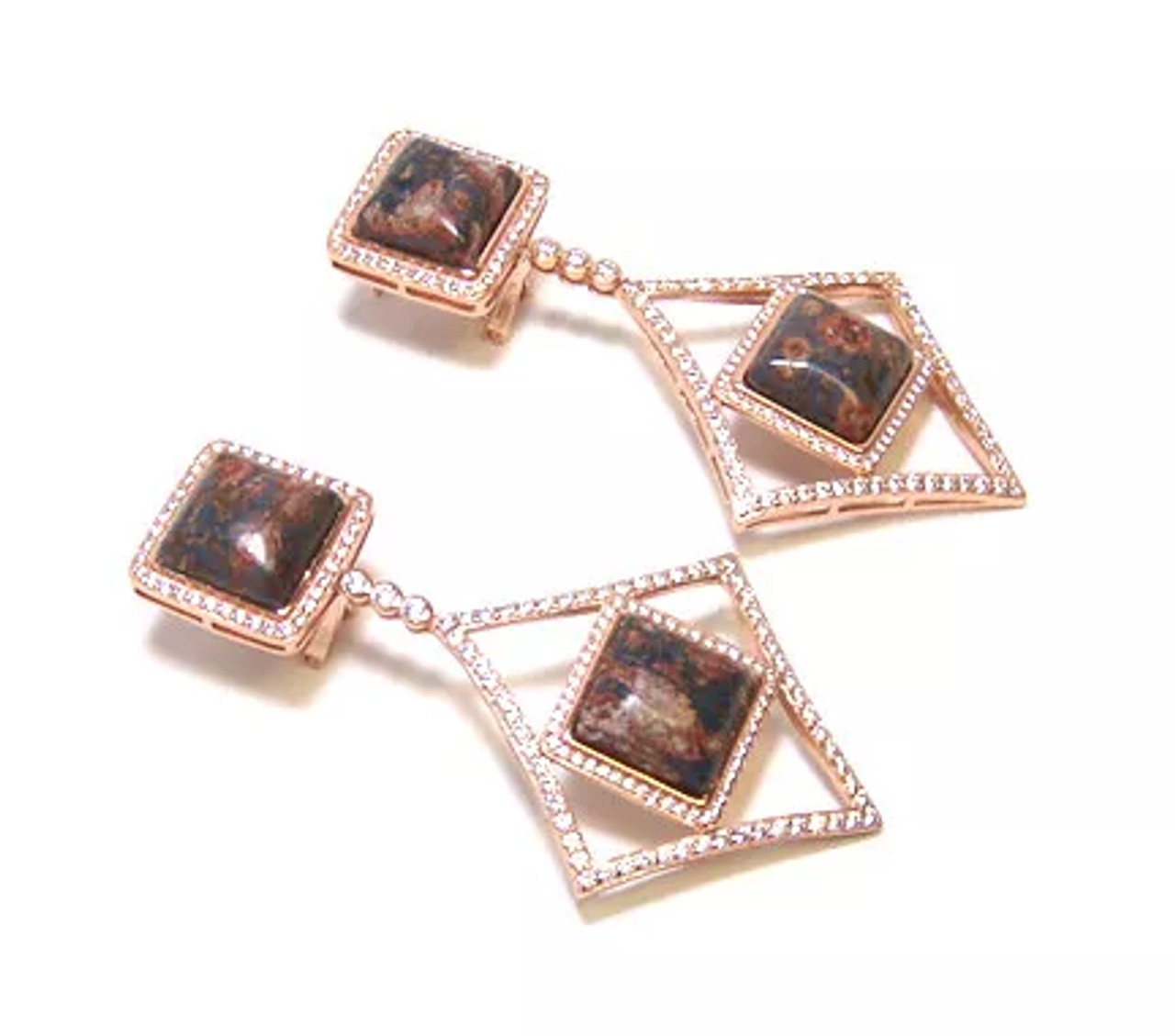 Red Jasper Diamond Shape Dangle Earrings, 925 Sterling Silver Rose Gold