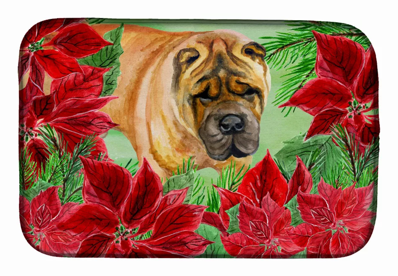 Poinsettias Dog on Dish Drying Mat - S000213B001695P115612V023