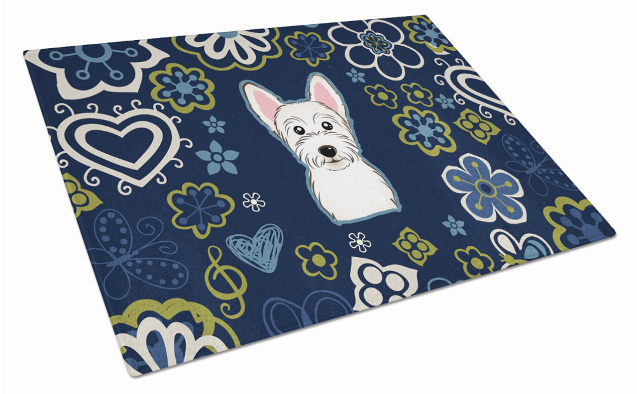 Blue Flowers Dog Print Glass Cutting Board Large