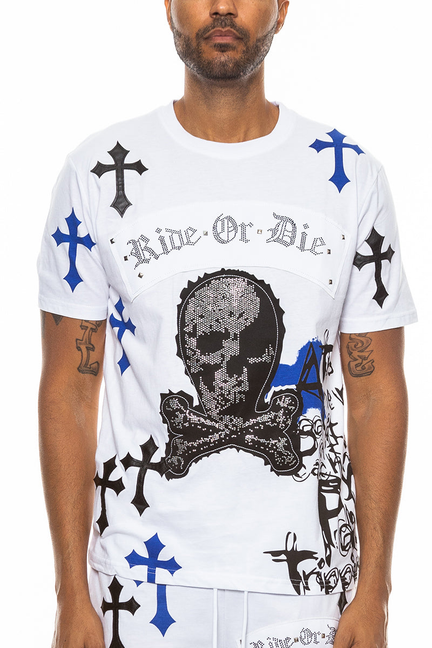 Bejewelled Chrome Skull TShirt - WT4106-WHITEBLUE-L