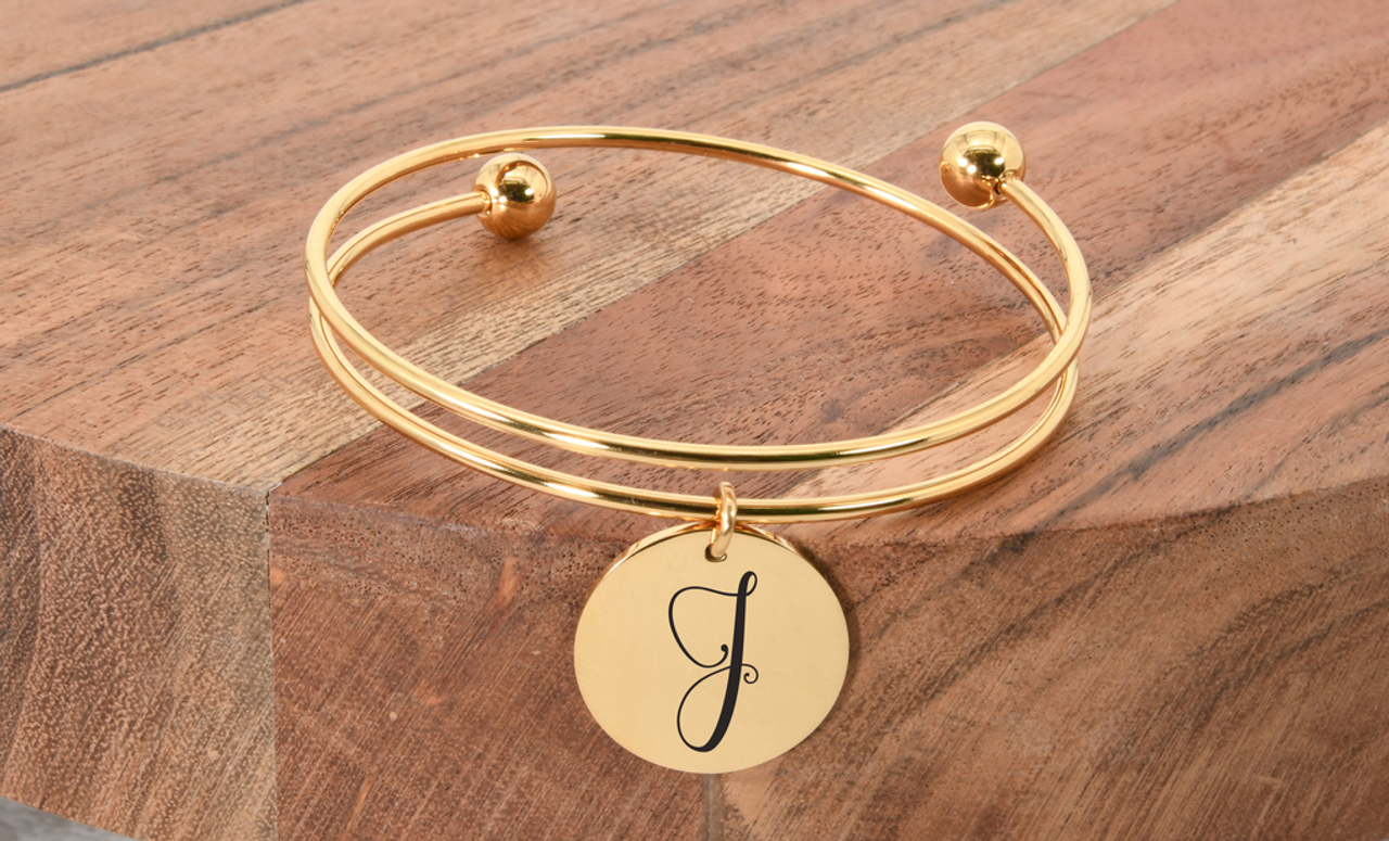 Stainless Steel Double Layer Initial Bracelet By Pink Box - 3 Options Available - 2021DBLBANGLEZGLD