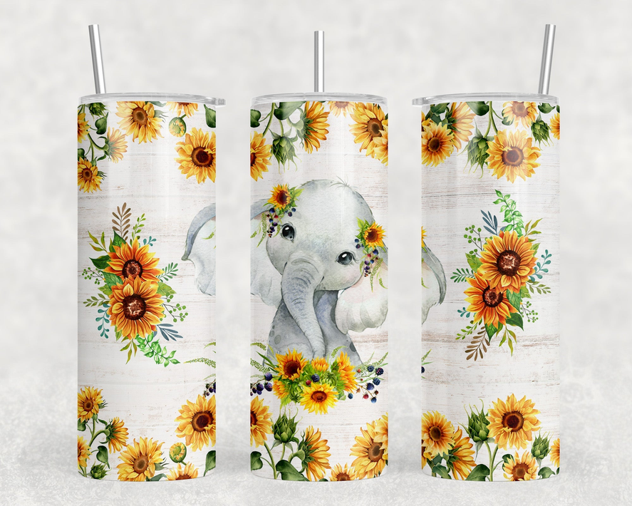 Sunflower Elephant  - 20 oz Steel Skinny Tumbler - Optional Blue Tooth Speaker - Speaker Color will Vary