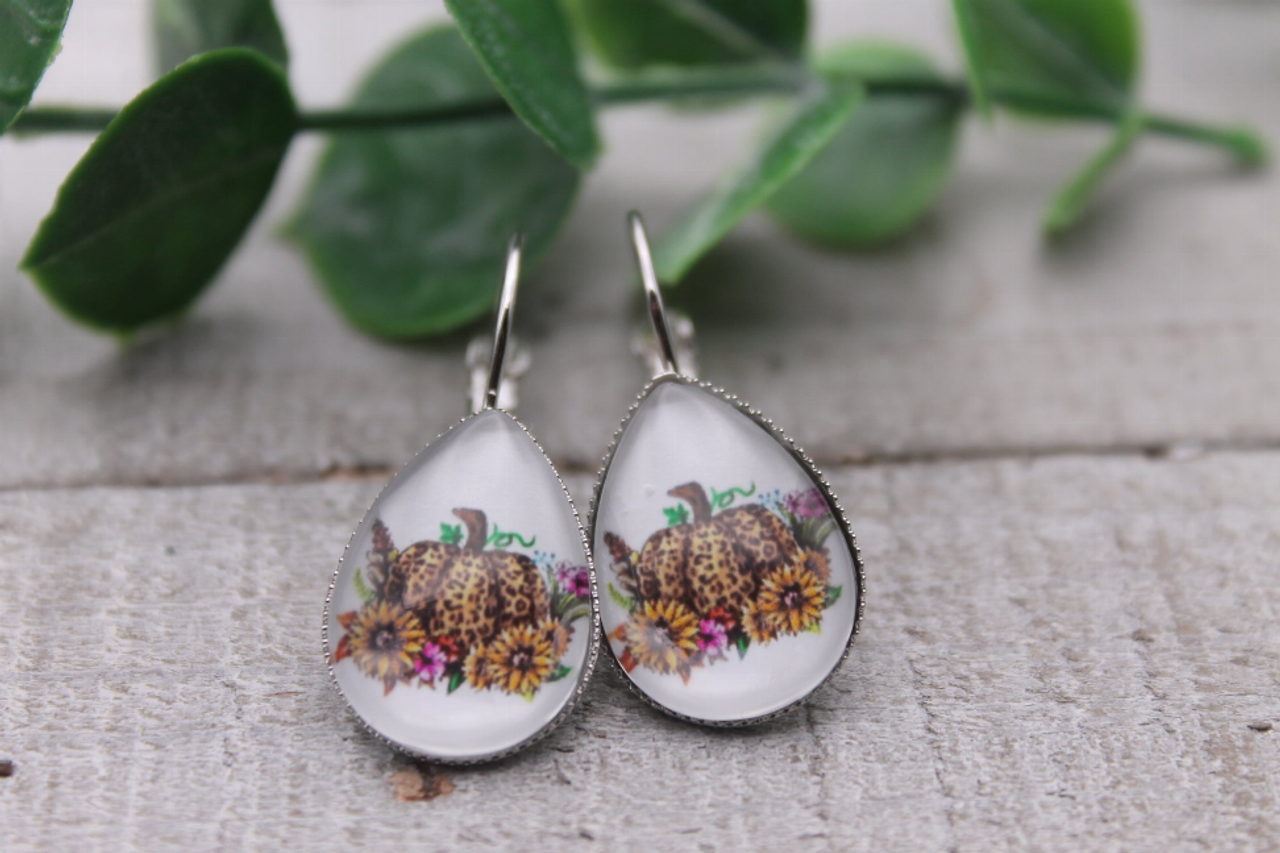 Leopard & Sunflowers Pumpkin || Glass Teardrop French Lever Earrings