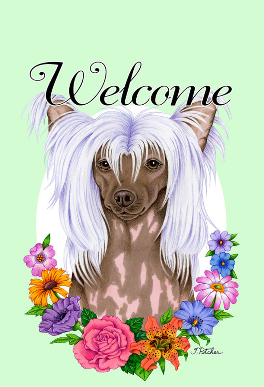 Chinese Crested - Best of Breed Welcome Flowers Garden Flag - 5850149 Chinese Crested - Best of Breed Welcome Flowers Garden Flag - 5850149