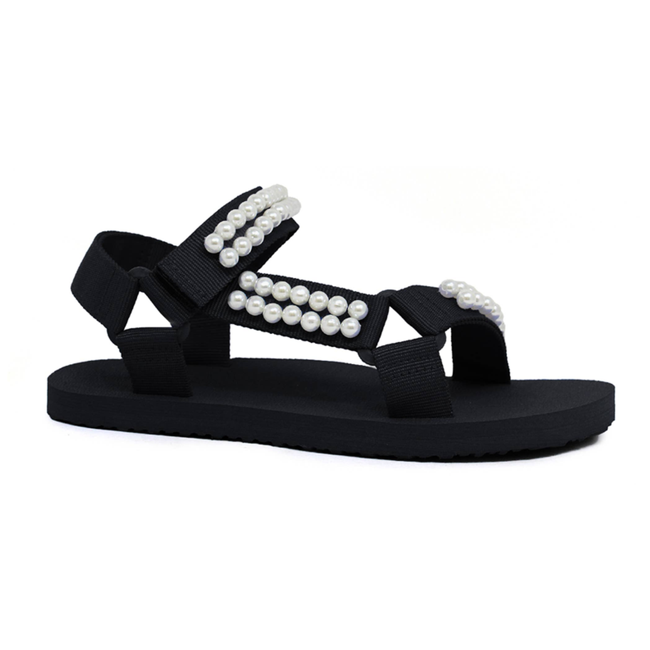 PIA-41 Women's Flat Sandal With Pearly Embellished Upper - PIA-41-BKB