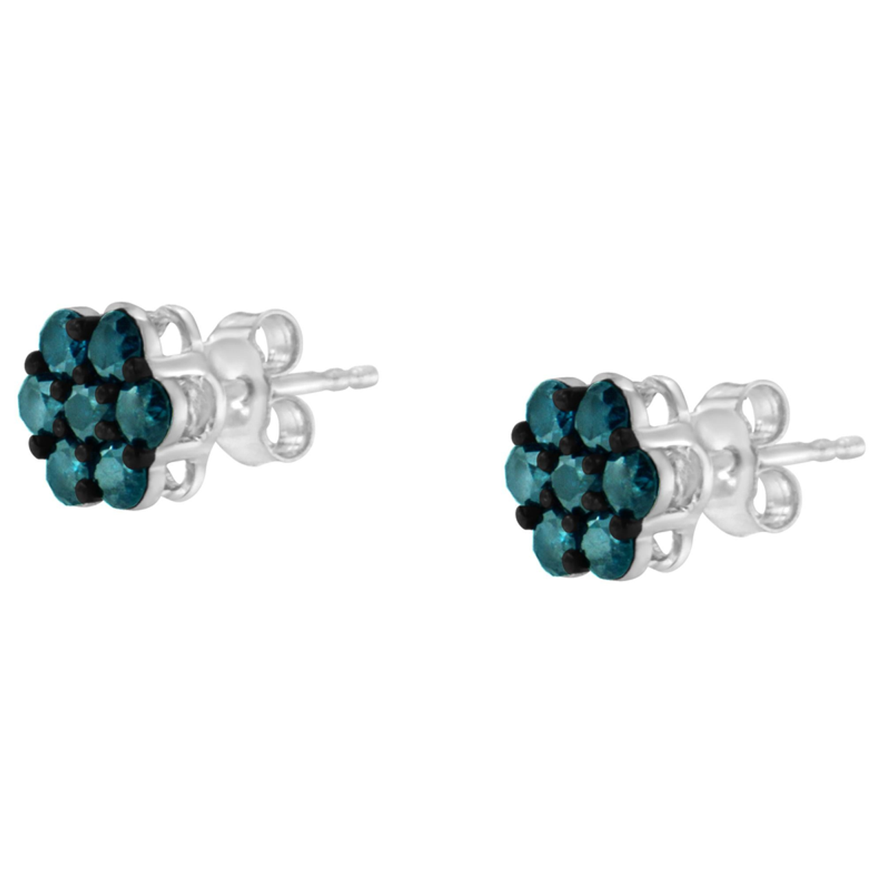 Sterling Silver Treated Blue Diamond Floral Stud Earrings (1 cttw, Blue Color, I2-I3 Clarity) - 70-5804WBD