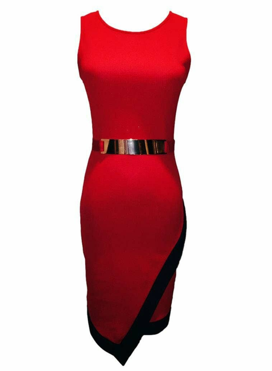 Asymmetrical Belted Bodycon Midi Dress Red