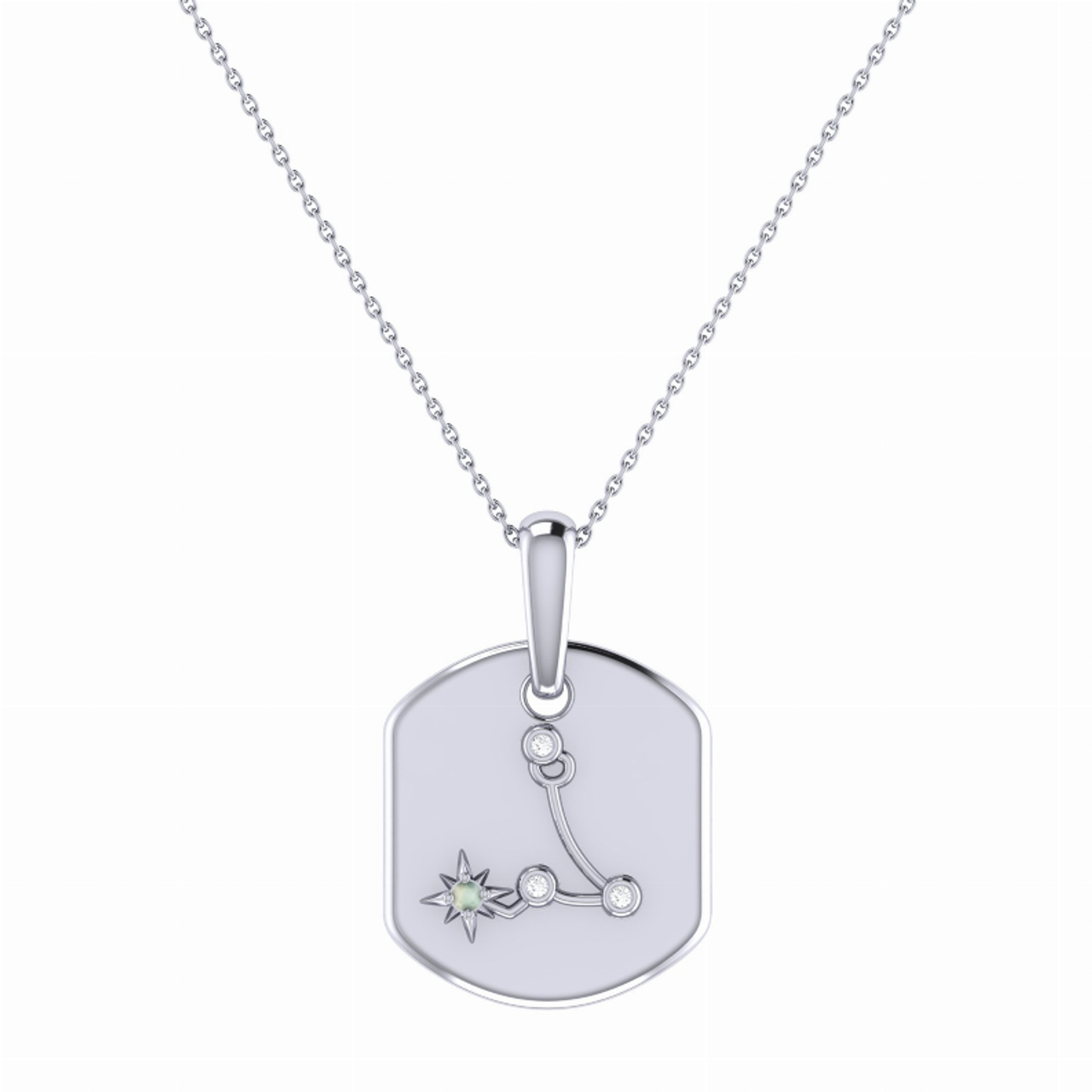 Pisces Two Fish Aquamarine & Diamond Constellation Tag Pendant Necklace in Sterling Silver