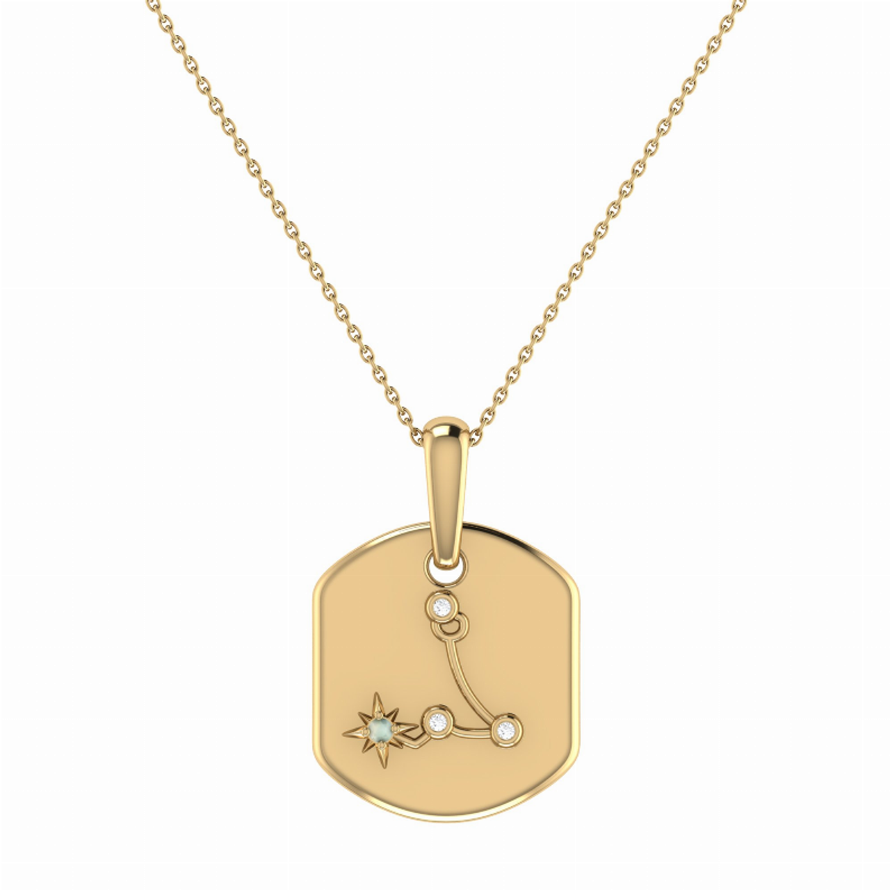 Pisces Two Fish Aquamarine & Diamond Constellation Tag Pendant Necklace in 14K Yellow Gold Vermeil on Sterling Silver