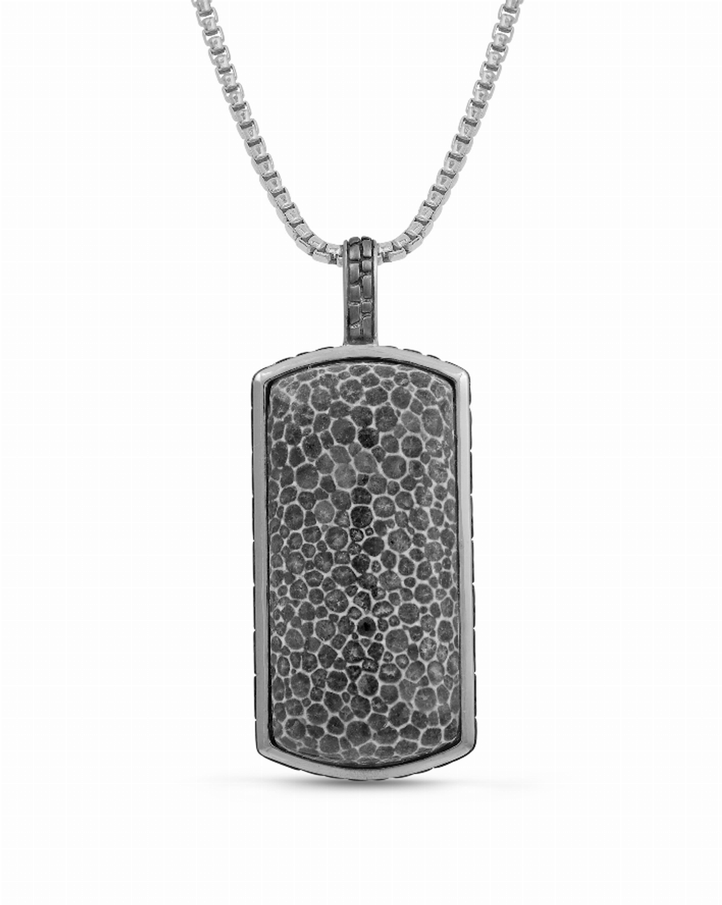 Fossil Agate Stone Tag in Black Rhodium Plated Sterling Silver