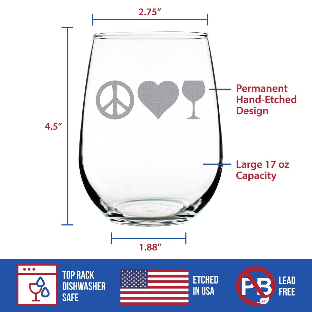 Peace Love Wine Stemless Wine Glass -  Gifts and Decor