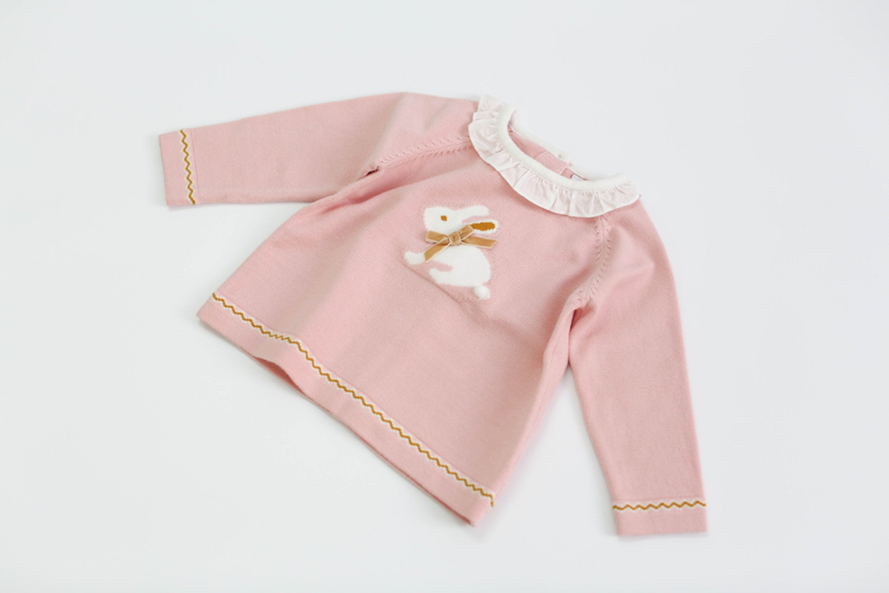 Baby Girl Bunny Print Pattern Ruffle Neck Long Sleeved Knitted Sweater - S002469B002707P000167V004