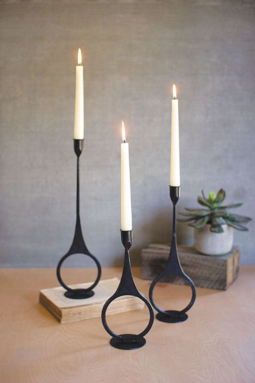 Set Of Three Cast Iron Taper Candle Holders W Ring Detail