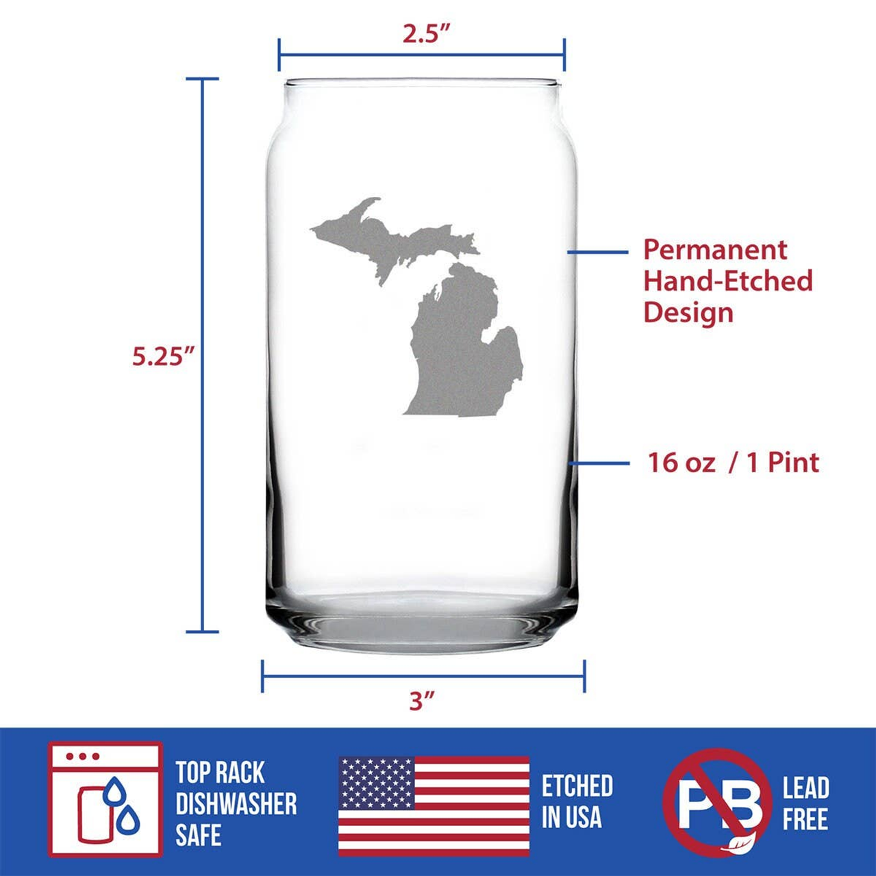 Michigan Outline Beer Can Pint Glass - Michiganders Gifts