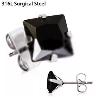 Pair of 316L Stainless Steel Black Princess Cut CZ Stud Earrings - ERS006-3K