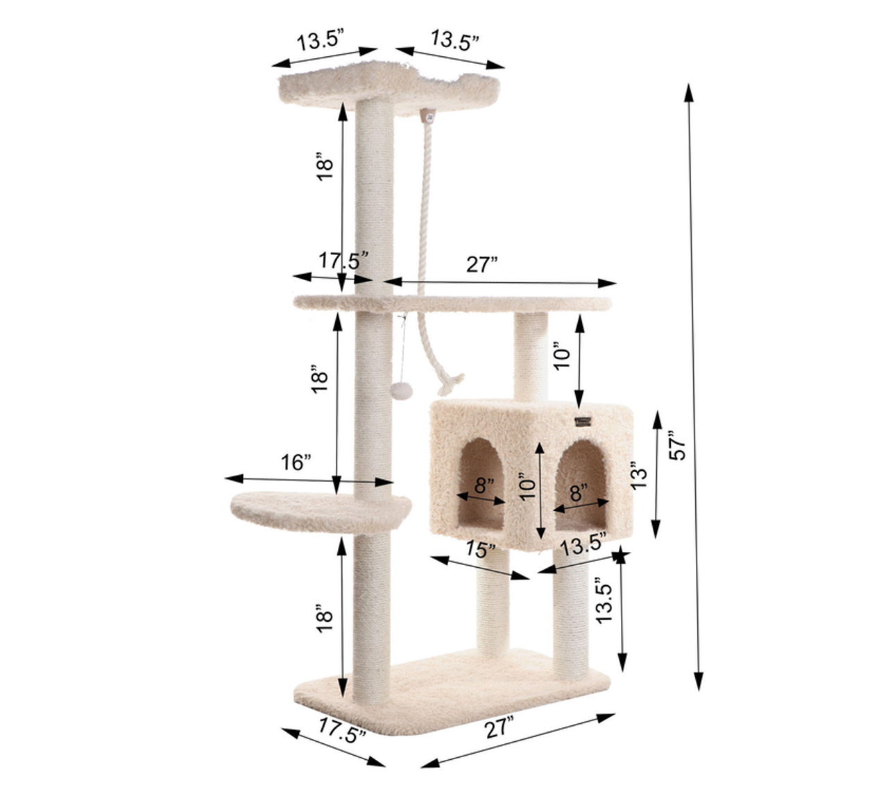 Real Woood Faux Fur Covered Cat Scratch Furniture 57" Beige