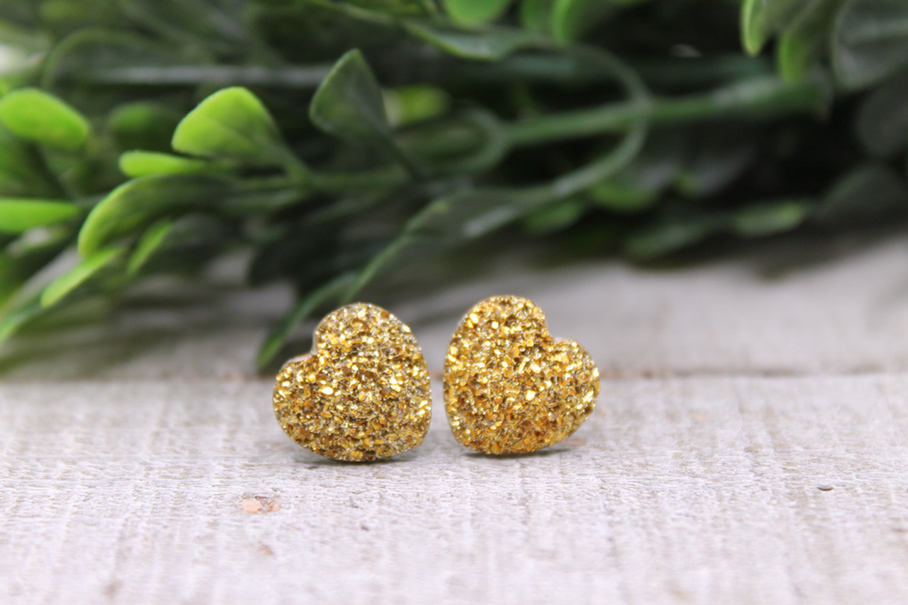 Gold Druzy Heart Stud Earrings