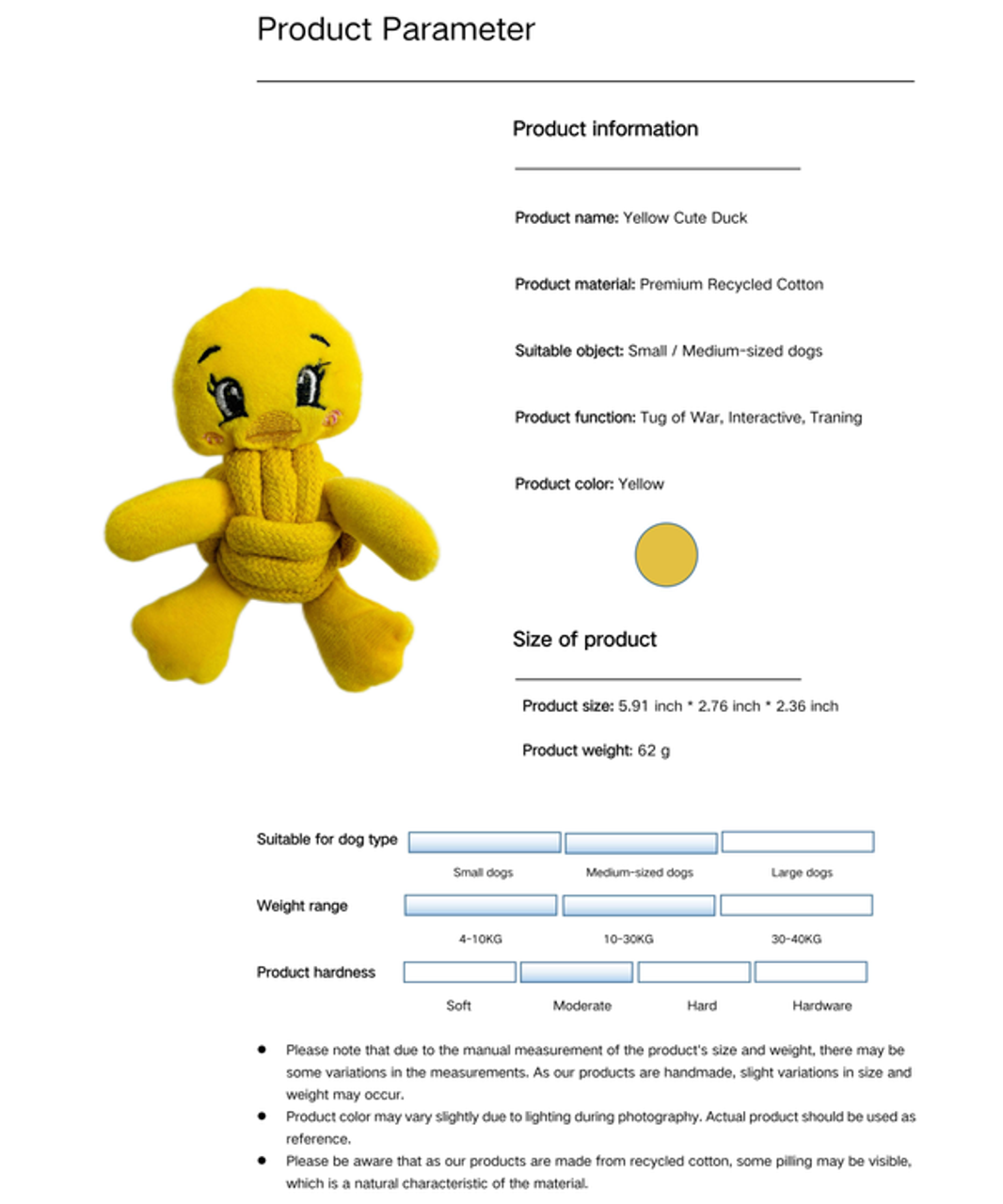 Eco-Yellow Duck Handmade Dog Toy | Dog Chew Toy |Sustainable