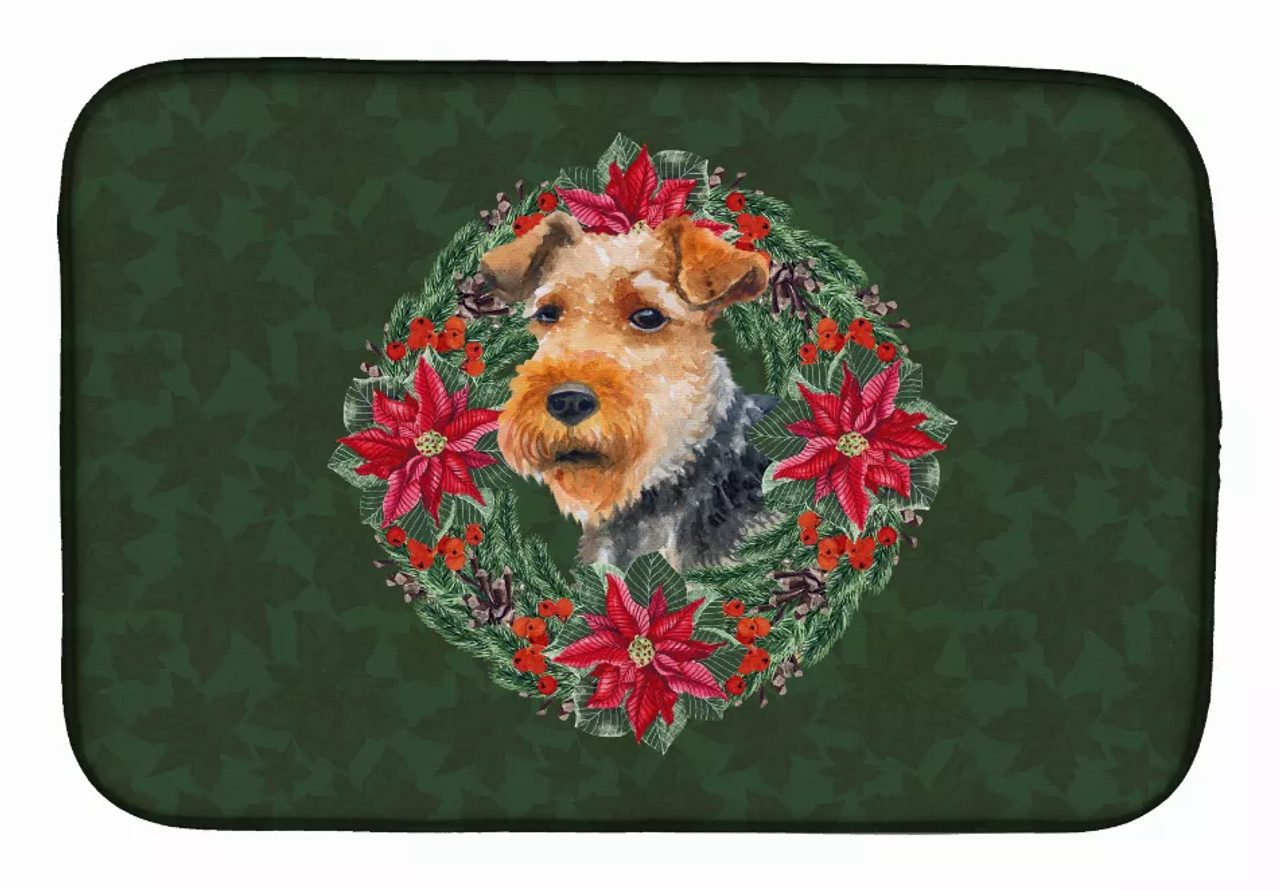 Poinsettia Wreath Dog on Dish Drying Mat - S000213B001695P115615V019