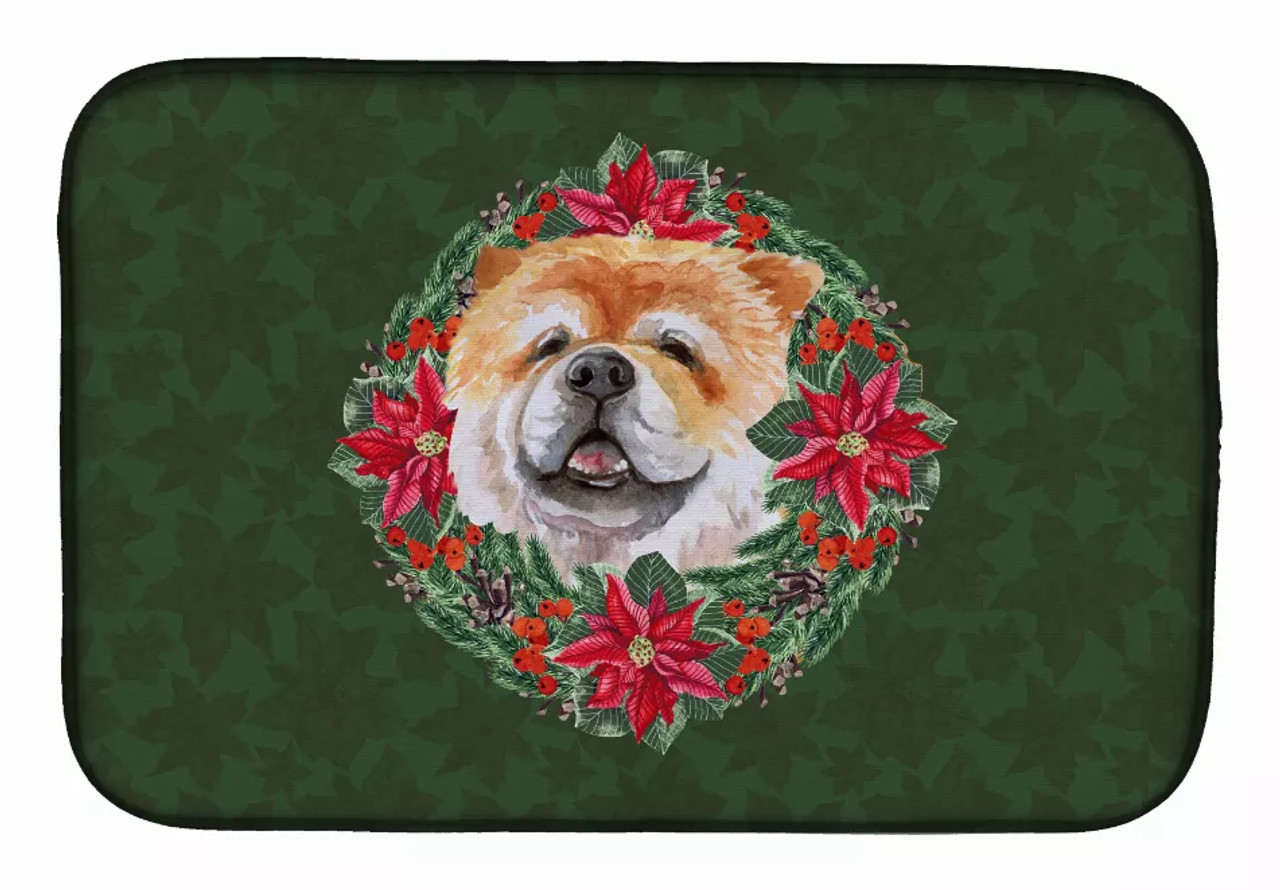 Poinsettia Wreath Dog on Dish Drying Mat - S000213B001695P115615V014
