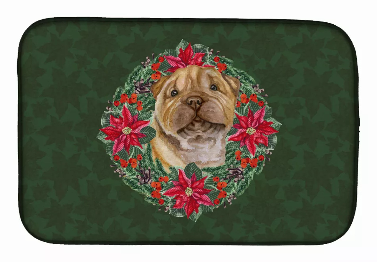 Poinsettia Wreath Dog on Dish Drying Mat - S000213B001695P115615V038