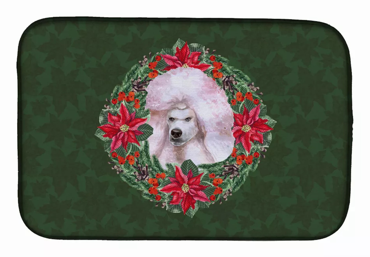 Poinsettia Wreath Dog on Dish Drying Mat - S000213B001695P115615V036
