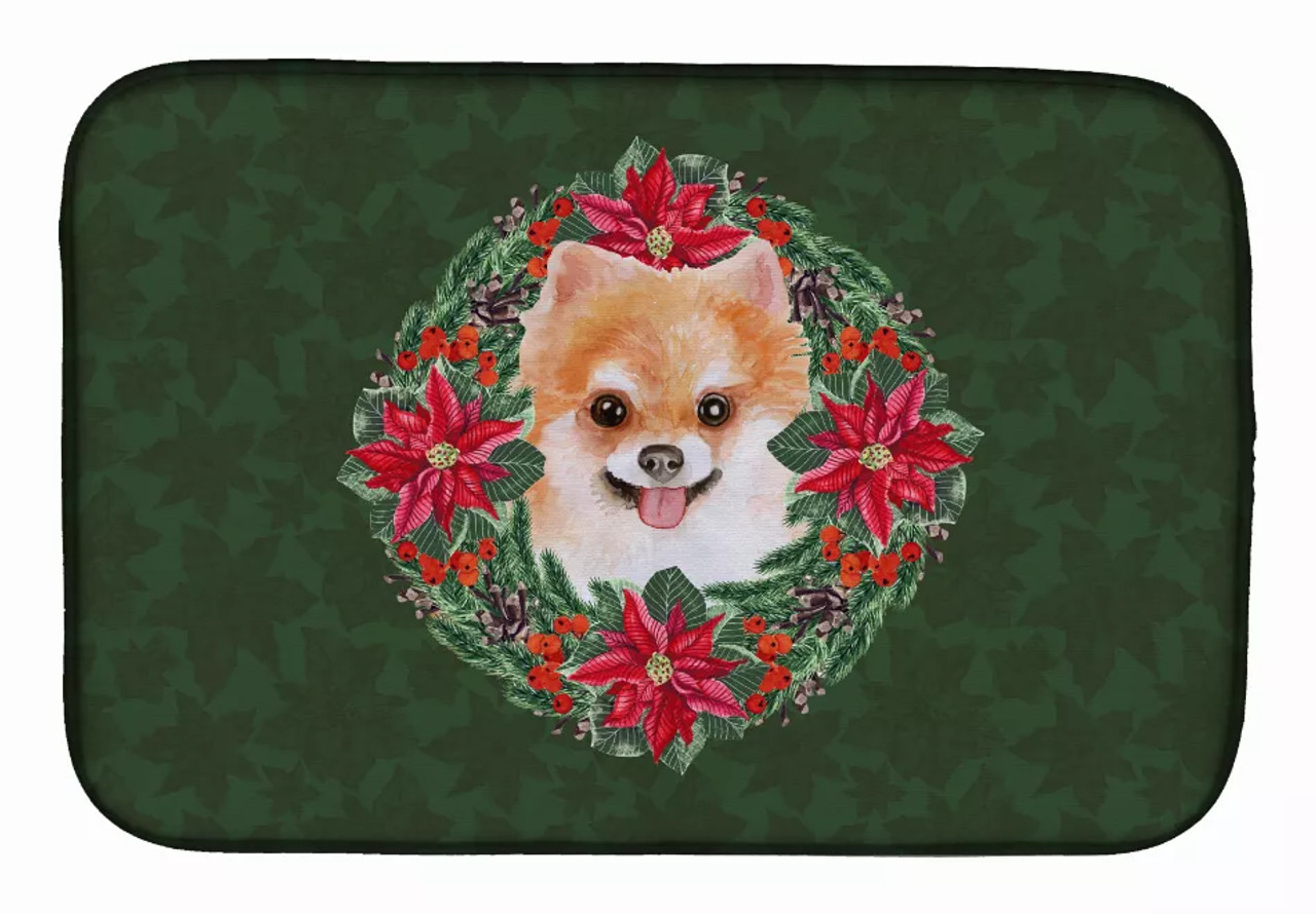Poinsettia Wreath Dog on Dish Drying Mat - S000213B001695P115615V035