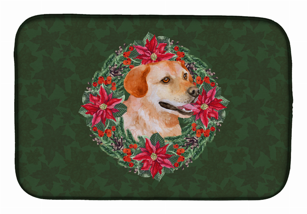 Poinsettia Wreath Dog on Dish Drying Mat - S000213B001695P115615V033