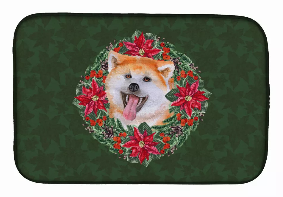 Poinsettia Wreath Dog on Dish Drying Mat - S000213B001695P115615V022